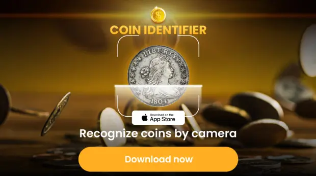 Coin Identifier ad showing camera framing a coin and download button.