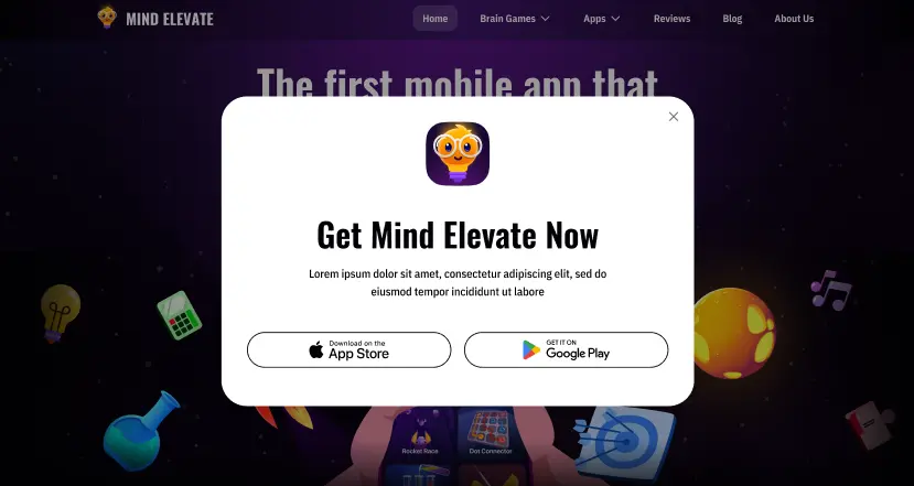 Modal popup promoting Mind Elevate with App Store and Google Play buttons.