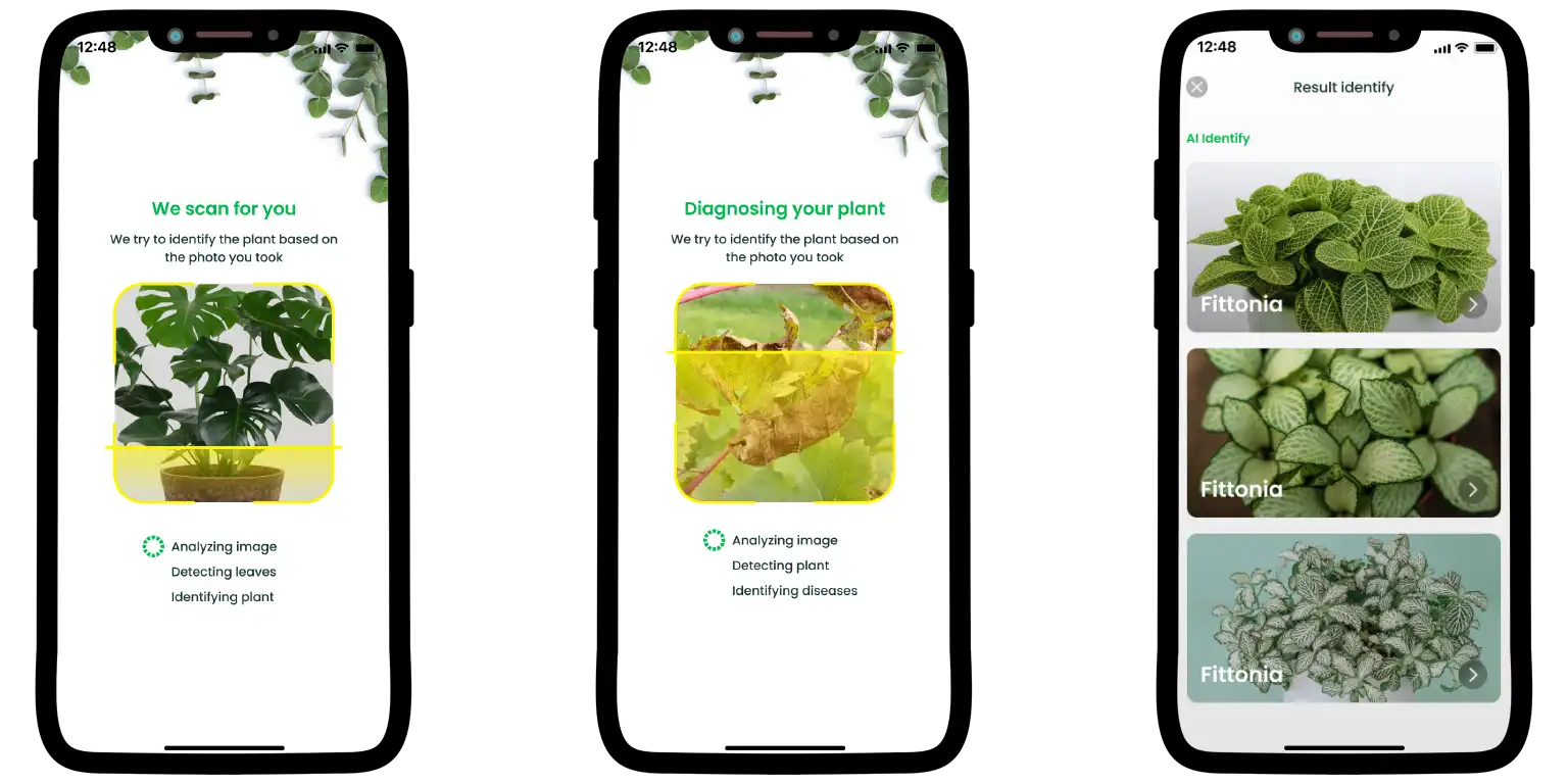 Plant app screens scanning leaves, diagnosing disease, and showing results.